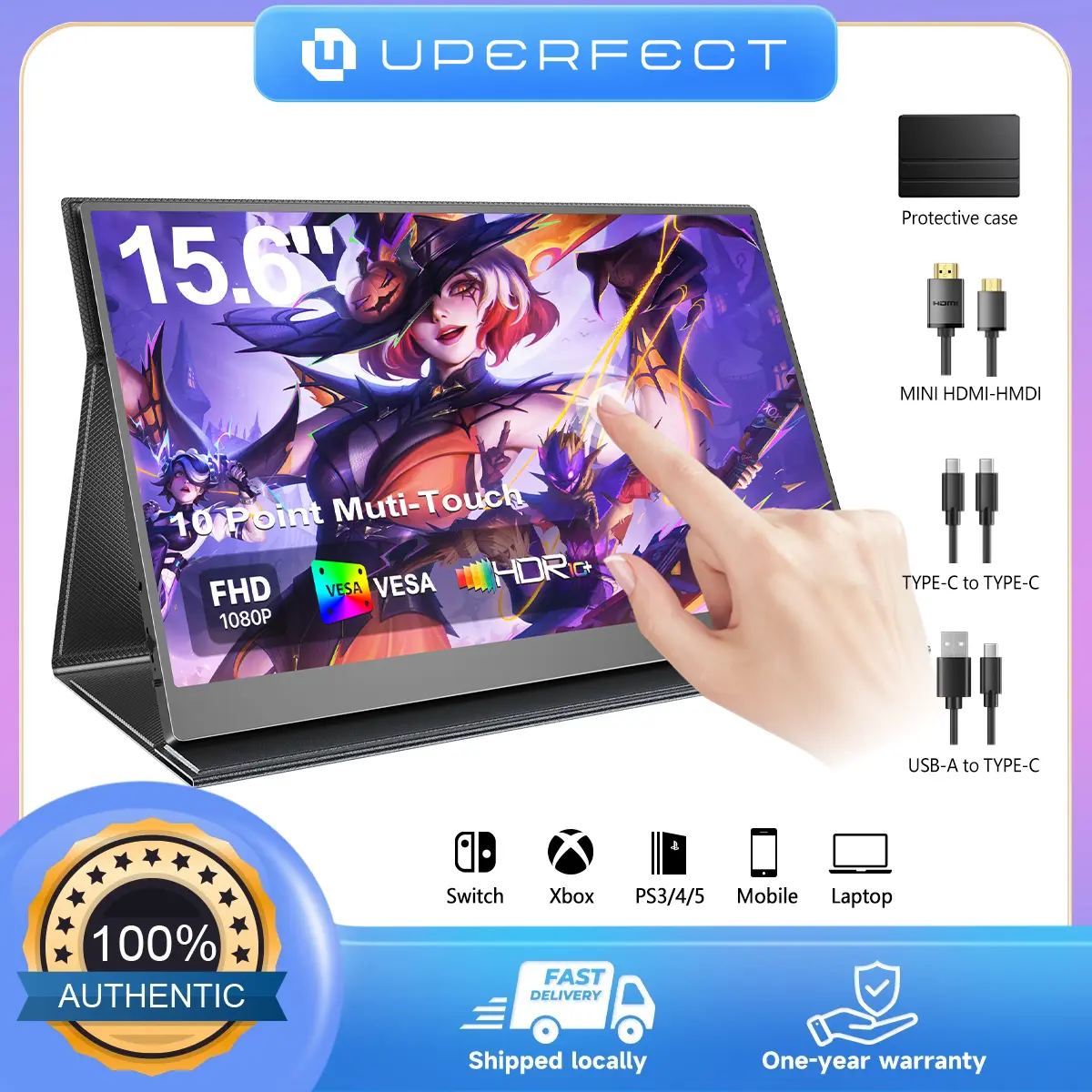 UPERFECT BE156PF 15.6 inches 60Hz Portable Touchscreen Monitor 178° Wide Viewing Angle Anti-glare Matte Screen Slim Design with Built-in Dual Speakers Compatible with Smartphones, Computers, and Game Consoles Secondary Monitor for Computers