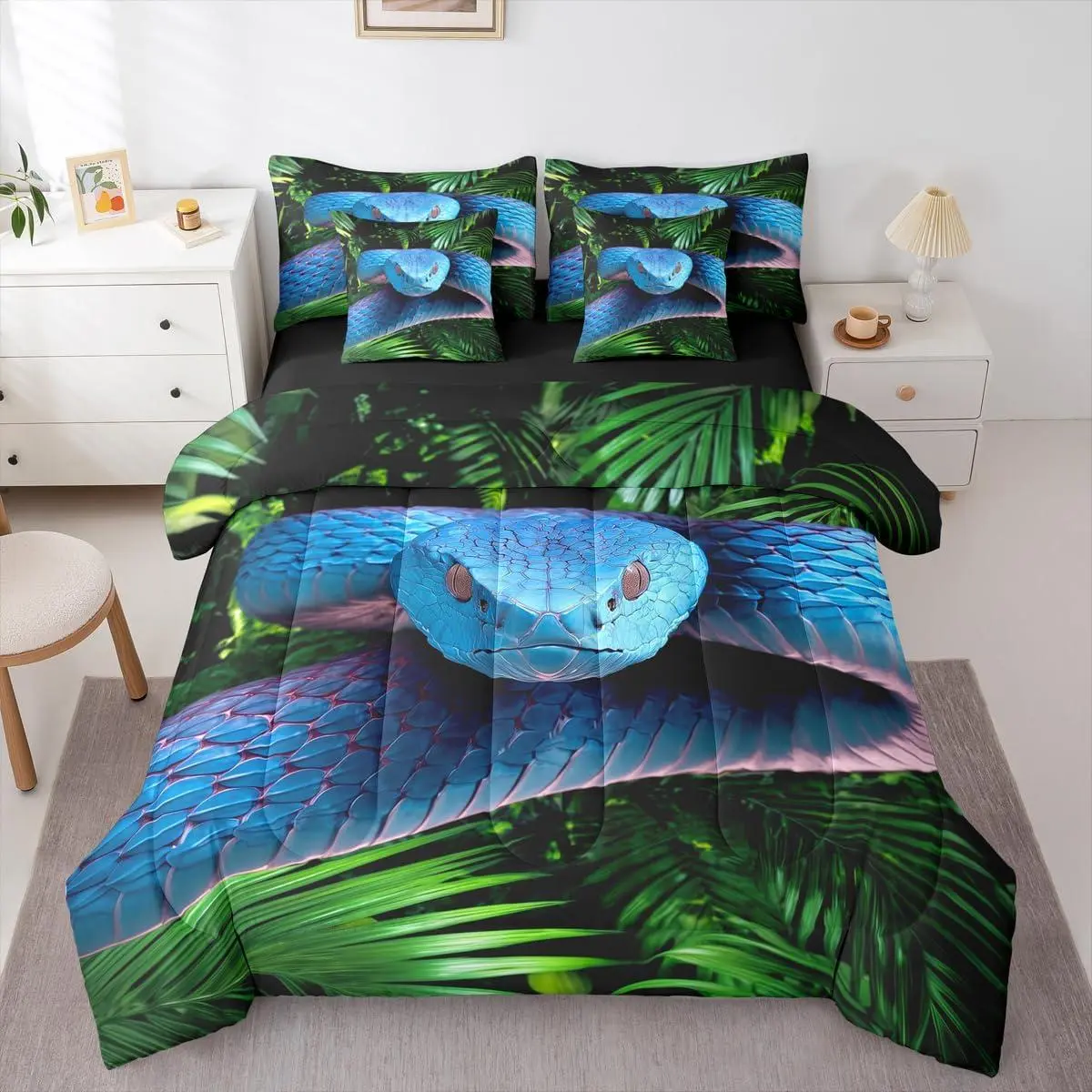 Feelyou 7-Piece Ultra Soft Snake Bedding Set - Multi-Size Coastal Aesthetic Collection with 3D Reptile Print Comforter, Blue Scales Duvet Cover, Sheets, Palm Leaf Animal Decor (7 pieces, animals-integrated design)