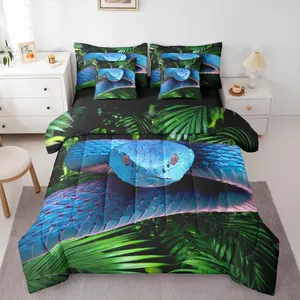 Snake 7 Pcs Bedding Set,3D Reptile Comforter Bed Set with Sheets,Blue Scales Bed Bag,Palm Leaf Wild Animal Bedroom Decor Bed Set