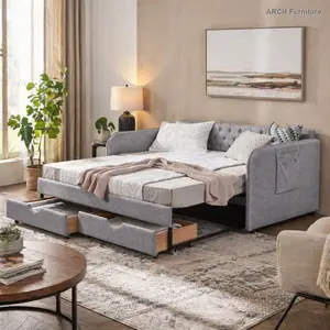 Linen Blend Gray Fabric Sleeper Sofa - Mid-Century Upholstered Twin Arch Daybed with Flat Arms, 1 Pocket, Trundle Bed, 2 Storage Drawers, Extendable Indoor Upholstered Sofas for Bedroom, Living Room (Twin/King Option)
