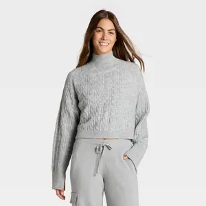 Women's Mock Neck Cable Knit Sweater - JoyLab Heathered Gray S