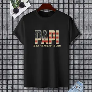 Papi Protector Hero Legend USA Flag Papi Father's Day T-Shirt, 100% Cotton, Single Side Printed, Black Short Sleeve T-shirt, Gift for Family Friends, S-XXXL, 1 pc, Fabric Weight 180g
