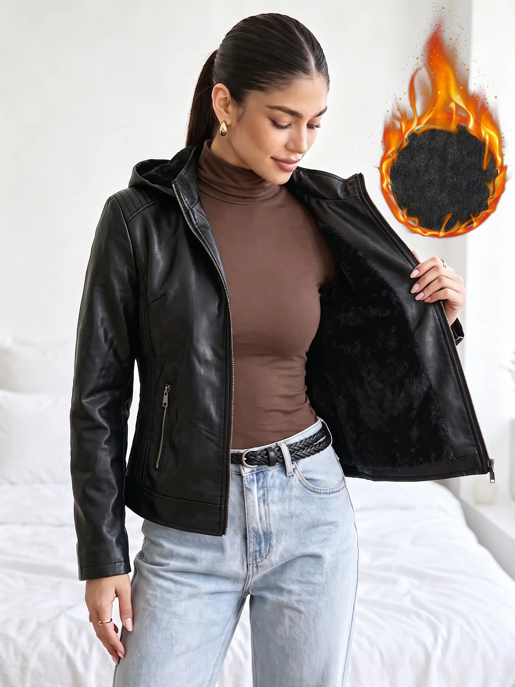 Women’s American vintage biker leather jacket for autumn/winter, fleece-lined thick design, stand collar, slim fit, short length, black PU material, hot-girl style, slimming effect, zipper closure