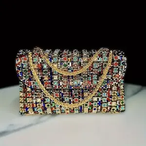 Luxurious Rhinestone & Beaded Womens Evening Clutch - Elegant Multicolor PU Handbag with Adjustable Strap, Golden-Tone Hardware for Banquets, Weddings & Formal Events, Formal Event Bag | Elegant Evening Clutch | Magnetic Closure Bag  Bling
