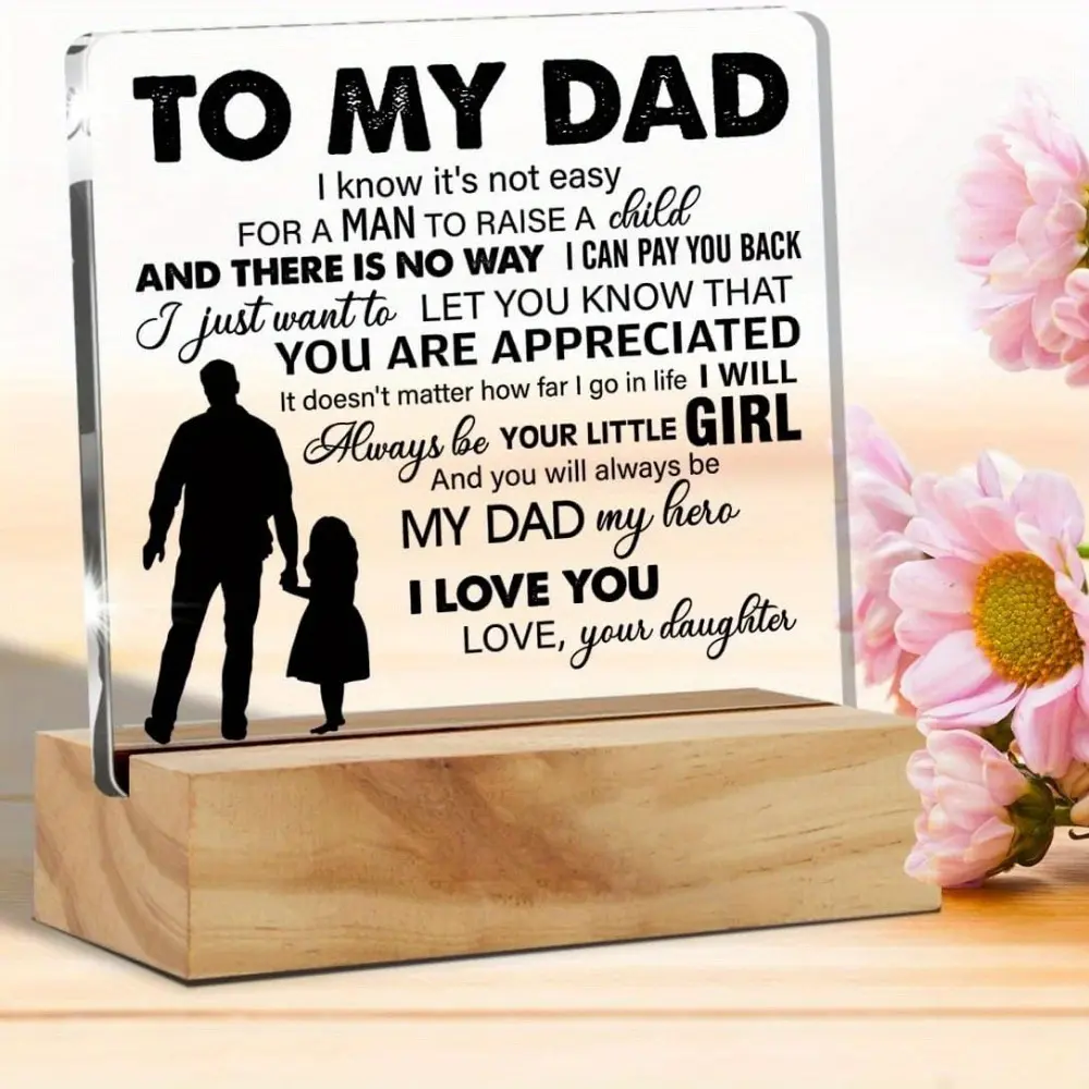 Acrylic Desk Plaque Sign with Stable Wood Stand - Crafted Desk Decor, "To My Dad My Hero" Quote Print Keepsake, Father-Daughter Father's Day Gift for Home Office Use, Commemorative