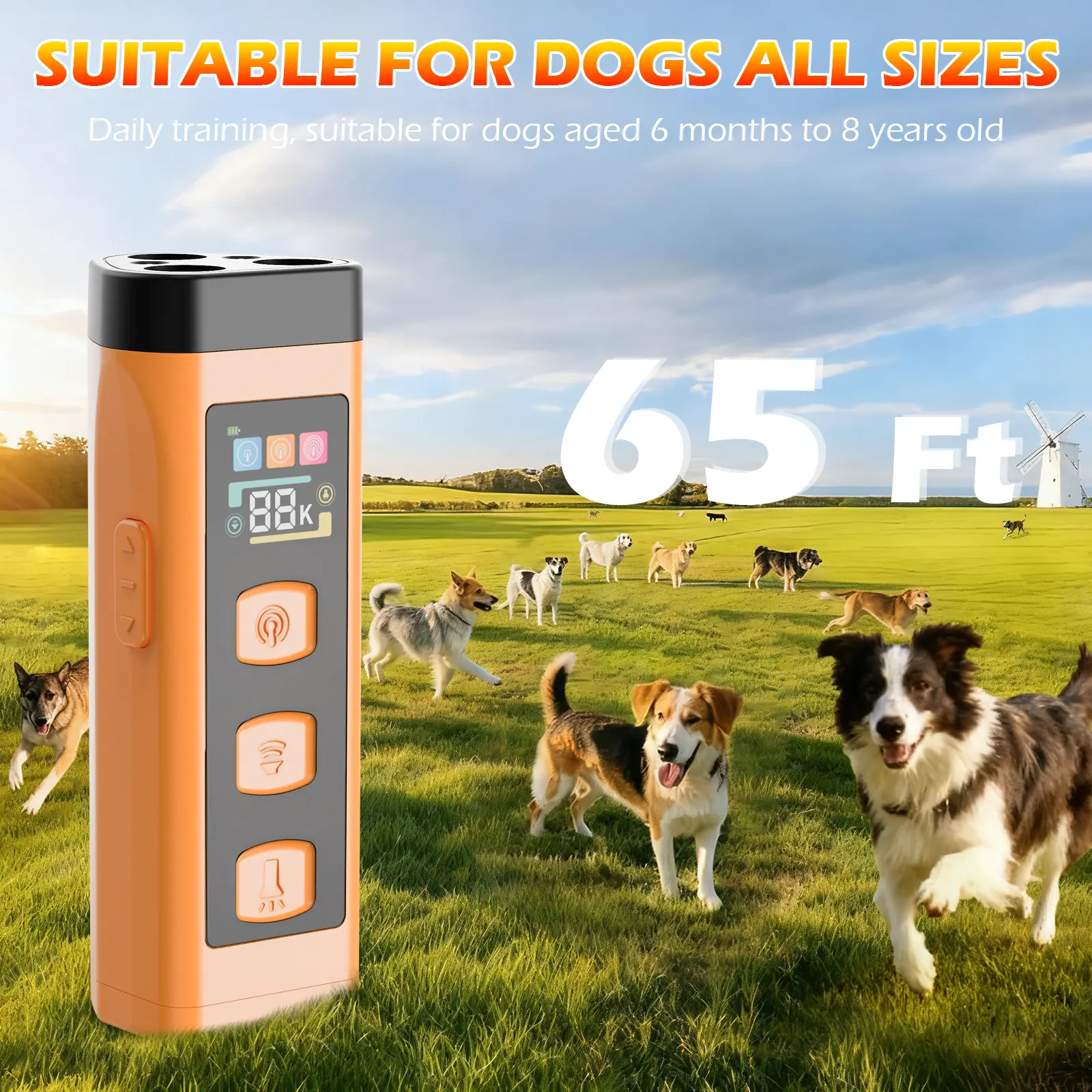 Dog Bark Control Training Tool - USB rechargeable, dual emitters, 50-foot range, 25kHz frequency, portable handle, dog behavior control accessory kit for indoor and outdoor use