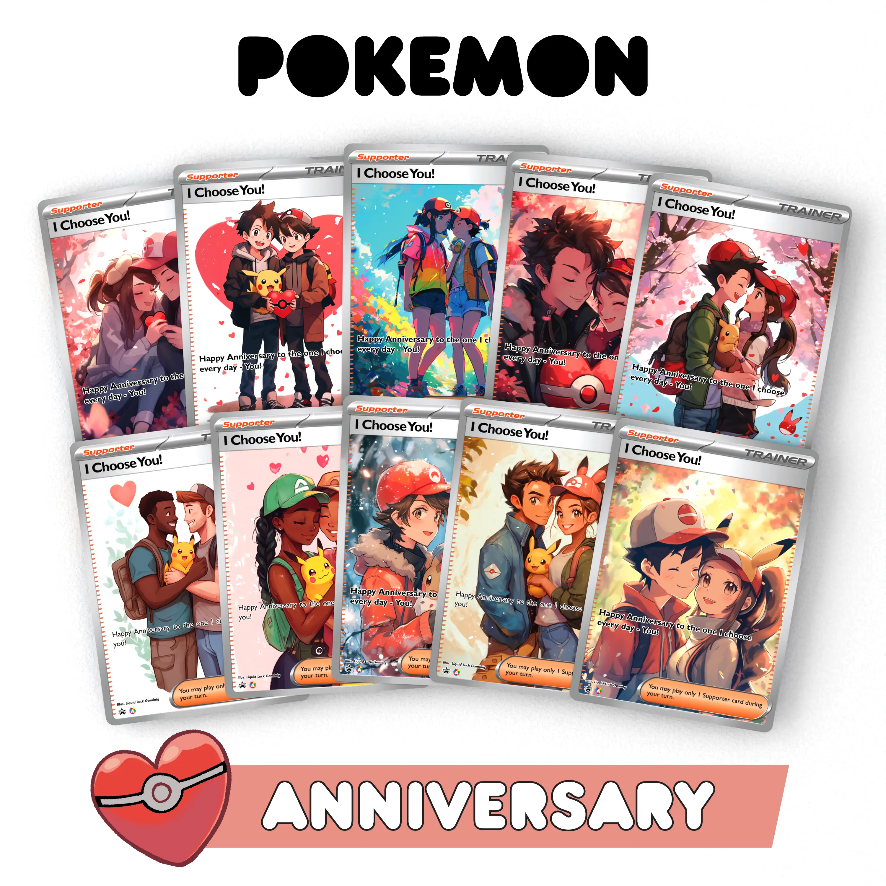 Pokemon Anniversary Card - Choose from 17 Inclusive Styles - Custom Fan-Art Designs - Cute and Adorable Anniversary Couple Gift for Fans