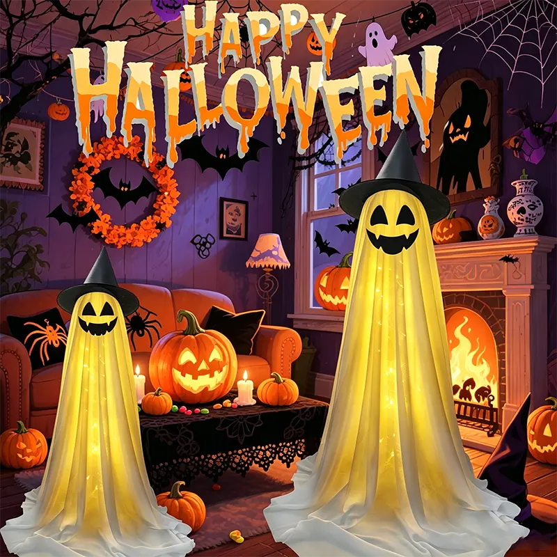 QCLTY 2-Piece Cute Ghost LED Light Halloween Decoration Kit, 62in Battery-Powered Set with Light String, Easy-to-Assemble for Front Door & Porch, Festive Home Party Supplies & Halloween Gifts