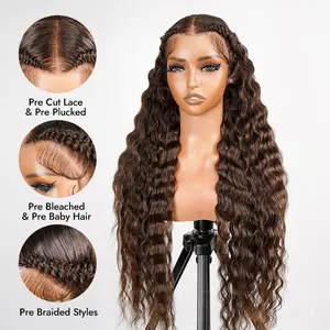 Wiggins Hair Pre Braided 30 Inch Dark Brown Stylist Wig  Pre Cut Lace 13x4 Lace Frontal Deep Wave Wig Glueless Human Hair Braided Wig #SummerVibes