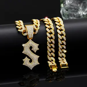 Shiny Initial Letter"S" Pendant Necklace, Miami Special Design Letter, 13mm Ice Crystal Cuban Chain, Hip Hop Jewelry Gift for Men and Women