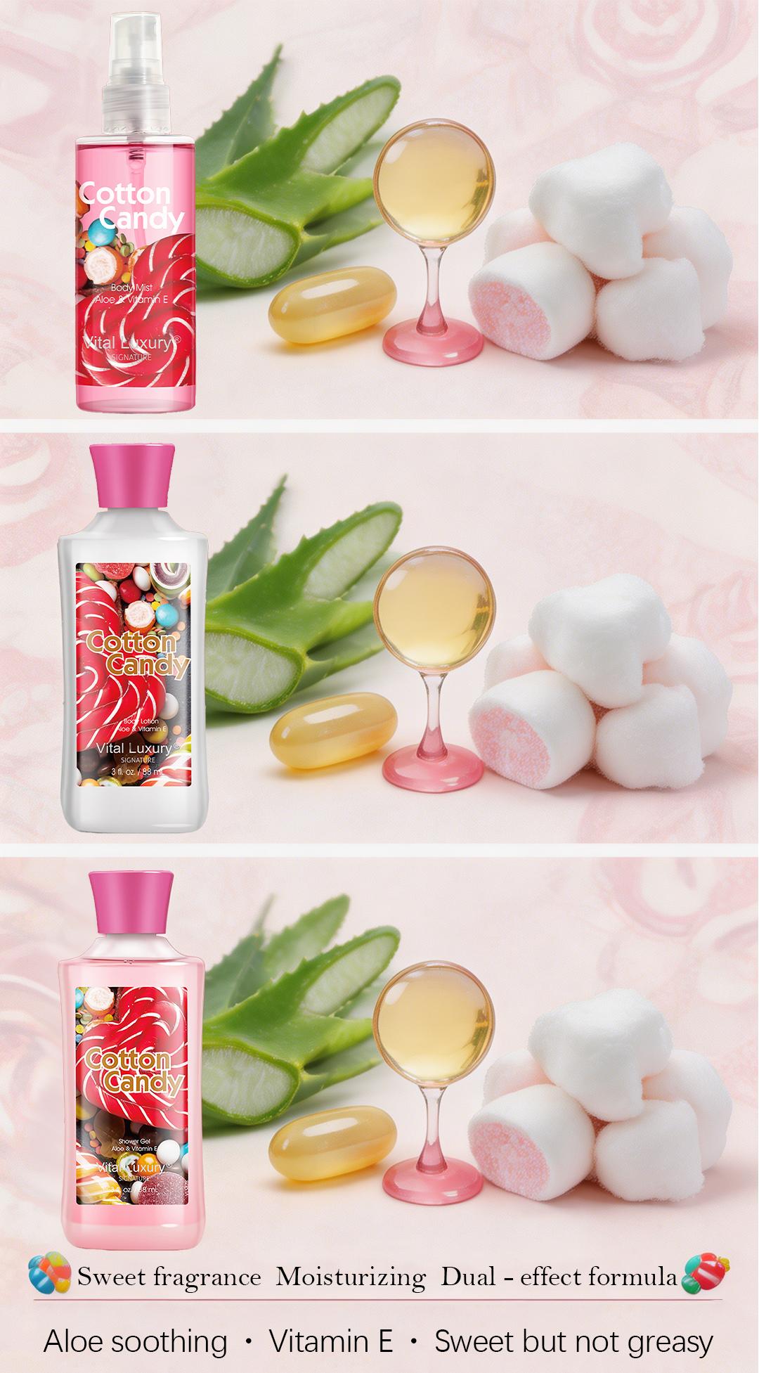 Mother's Day Gift-Vital Luxury Cotton Candy Scented Bath-3 Travel Set - 3oz Shower Gel,3oz Body Lotion, 3oz Body Mist & 2.5oz Bath Salts | SilkyLather, All-Day Freshness, Intense Moisture | Ideal Gift forMom, Wife, Sister & Girlfriend