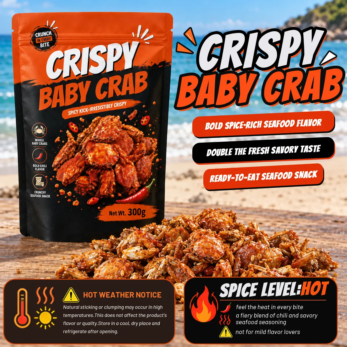 Spicy Crispy Crab Snacks, Ready-to-Eat Savory Seafood Bites, Crunchy and Spicy Treat for Movie Night, Parties and Everyday Enjoyment