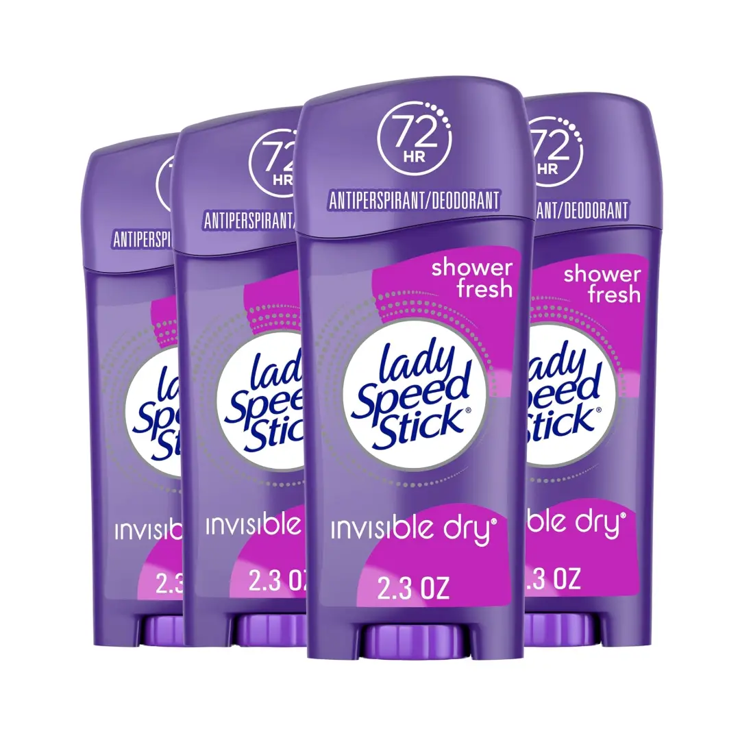 Lady Speed Stick Antiperspirant Deodorant for Women, 72 HR Sweat & Odor Protection, Invisible Dry, Shower Fresh Scent, 2.3 oz Stick (4 Pack)