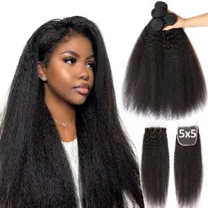 Kinky Straight 5x5 Lace Closure With Bundles 12A Unprocessed Yaki Straight Hair Extensions 3/4 Bundles Natural Remy Hair Weaving For Black Women 14''-32'' Length yaki  straight  hair