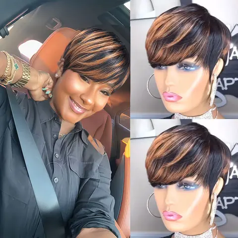 ShowRealHair 9149 Colorful Pixie Cut Wig Glueless Wigs Human Hair Short Pixie Cut Wig Human Hair for Black Women With Bangs Human Hair Wig Full Machine Made Glueless Wig