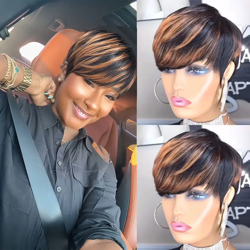 ShowRealHair 9149 Colorful Pixie Cut Wig Glueless Wigs Human Hair Short Pixie Cut Wig Human Hair for Black Women With Bangs Human Hair Wig Full Machine Made Glueless Wig