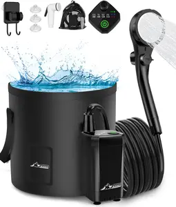 Portable Shower for Camping, Outdoor Electric Shower Rechargeable Pump with 20L Collapsible Bucket, Camping Shower Head Nozzle for Camping, Hiking, Traveling, Washing