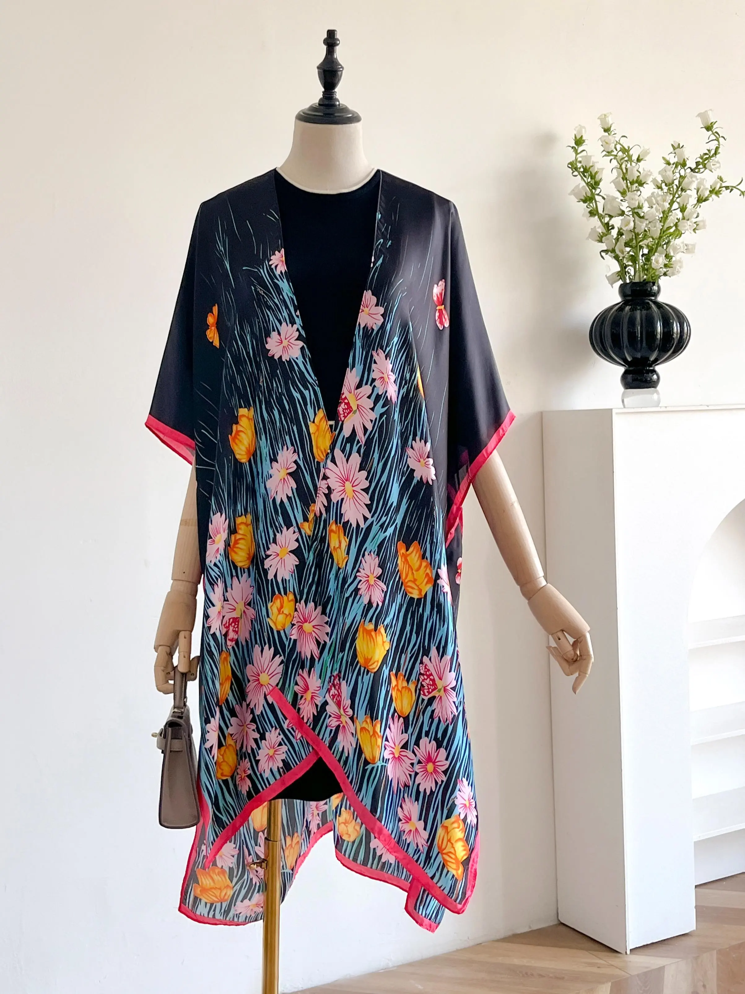 Floral Print Open Front Cape Shawl, Casual Lightweight Scarf for Beach Vacation Travel, Fashion Accessories for Women, Clothes