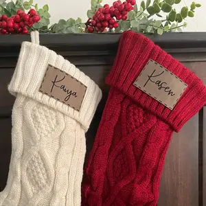 Leather Patch Name Stockings | Personalized Stockings | Name Engraved Stockings | Stockings with Name | Red and Ivory Stockings | Cable Knit Stockings | Farmhouse Christmas | Christmas Stockings