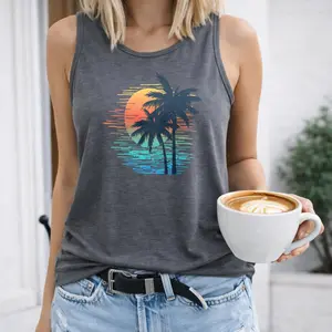 Vintage Tropical Sunset Summer Women's Tank Top Graphic Tees Casual Sleeveless Round Neck Animal Print Daily Wear Womenswear