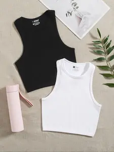 Women's Basic Solid Round Neck Crop Tank Top, Sporty Crew Neck Sleeveless Top for Yoga Gym Workout, Women's Top for All Seasons