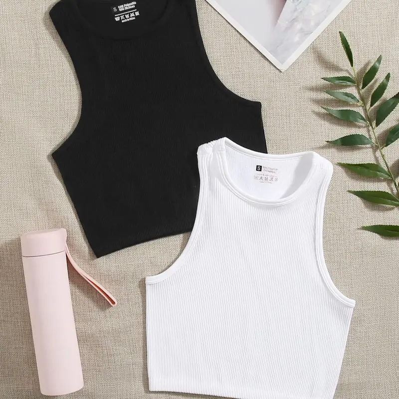 Women's Solid Round Neck Crop Tank Top, Sportswear Tank Top, Activewear Clothing Fitness Workout, Sporty Crew Neck Sleeveless Top for Yoga Gym Workout, Women's Top for All Seasons
