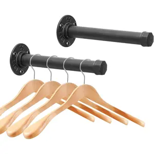 Cast Iron Wall Mounted Clothes Rack, Heavy Duty Industrial Pipe Clothing Rack for Hanging Clothes, Garment Racks for Wardrobe Organizers and Storage, DIY Closet Rods Closet Bar (Black 2 Pack, 8 in)