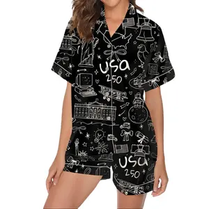 USA 250th Anniversary Patriotic Pajamas Satin Silk Set, 4th of July Pajamas Sets, USA Flag Coquette Bow Patriotic Premium Satin Pajamas, Gift For Her, Independence Day Fourth of July Pajama Set, Women Sleepwear