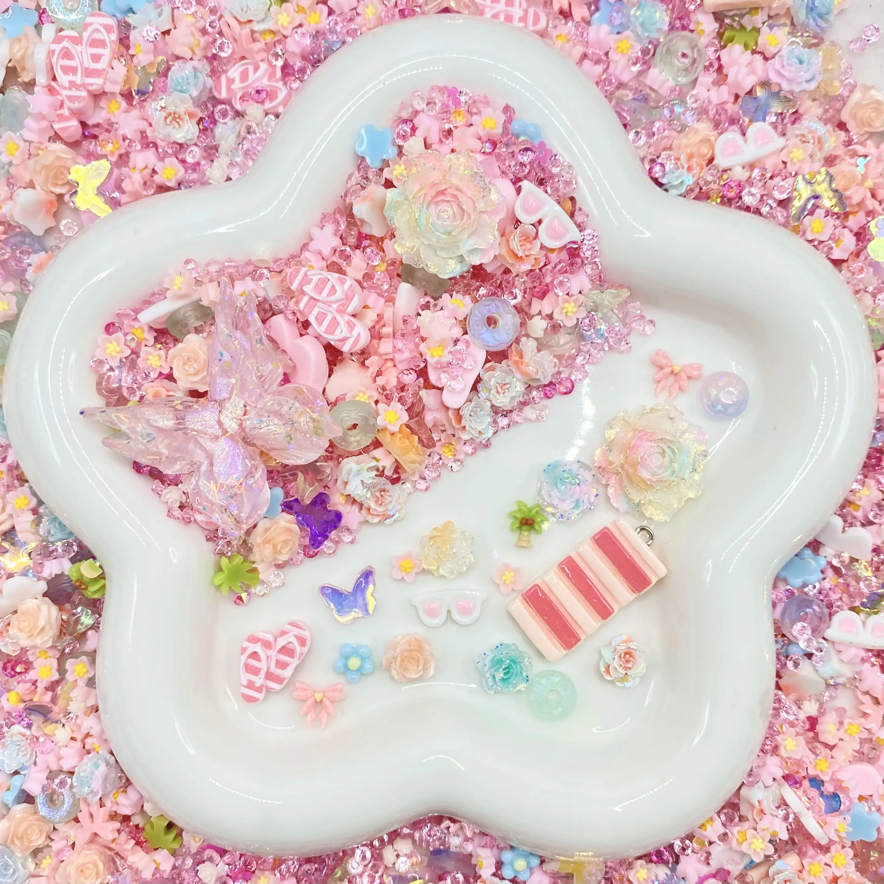 Pink Sand Paradise - Soft Resin Nail Art Charms with Rhinestones – Drillable Floral Resin Decorations for Press-On Nails, Jewelry & DIY Crafts