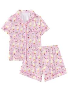 Adorable Goose Butterfly Knot Animal Print Pajama Set, Short Sleeve Loose-Fitting Sleepwear, Comfortable for Home & Travel, Perfect Gift