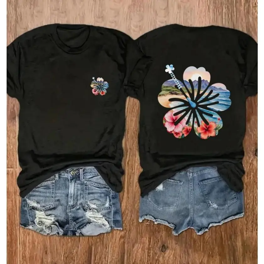 Hibiscus Flower Beach Sunset Print Women Oversized T Shirt Casual Summer Short Sleeve Top Soft Comfy Vacation Beach Outfit Aesthetic Daily Wear Tee