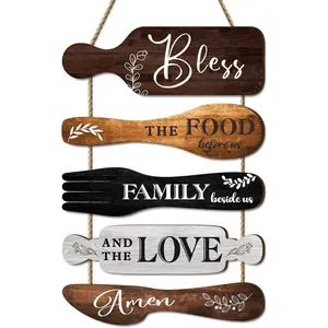 5Pcs Kitchen Wall Decor, Bless the Food Cookware Shaped Hanging Signs for Farmhouse Kitchen Rustic Wooden Plaques for Country Dinning Room