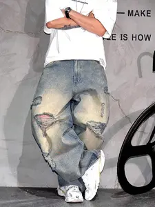 SRETOUU New Men's Vintage Washed Distressed Holes Classic Baggy Jeans Men Straight Denim Pants Streetwear Hip-Hop Style Loose Fit Denim Pants Menswear