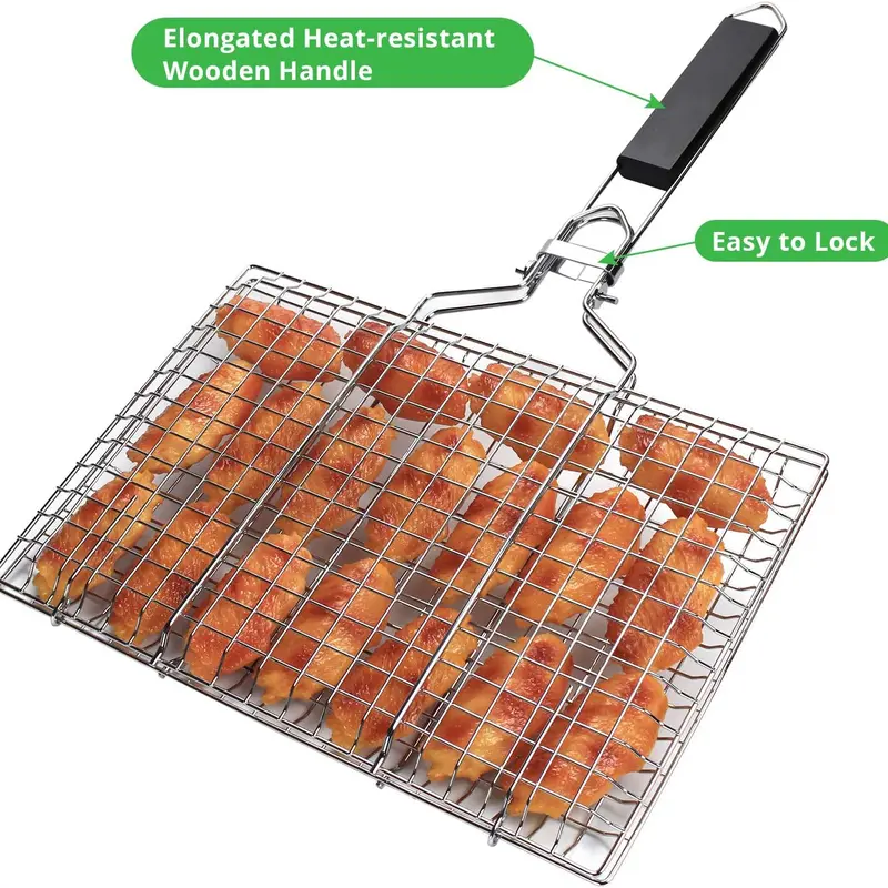 Rustproof 430 Stainless Steel Foldable 8.6-in Wide Mesh Grid Large Grilling Basket with Wooden Handle - Easy Storage, Fold-Flat Carry, Portable Outdoor BBQ Accessory for 2-3 People, Fish, Shrimp, Vegetables
