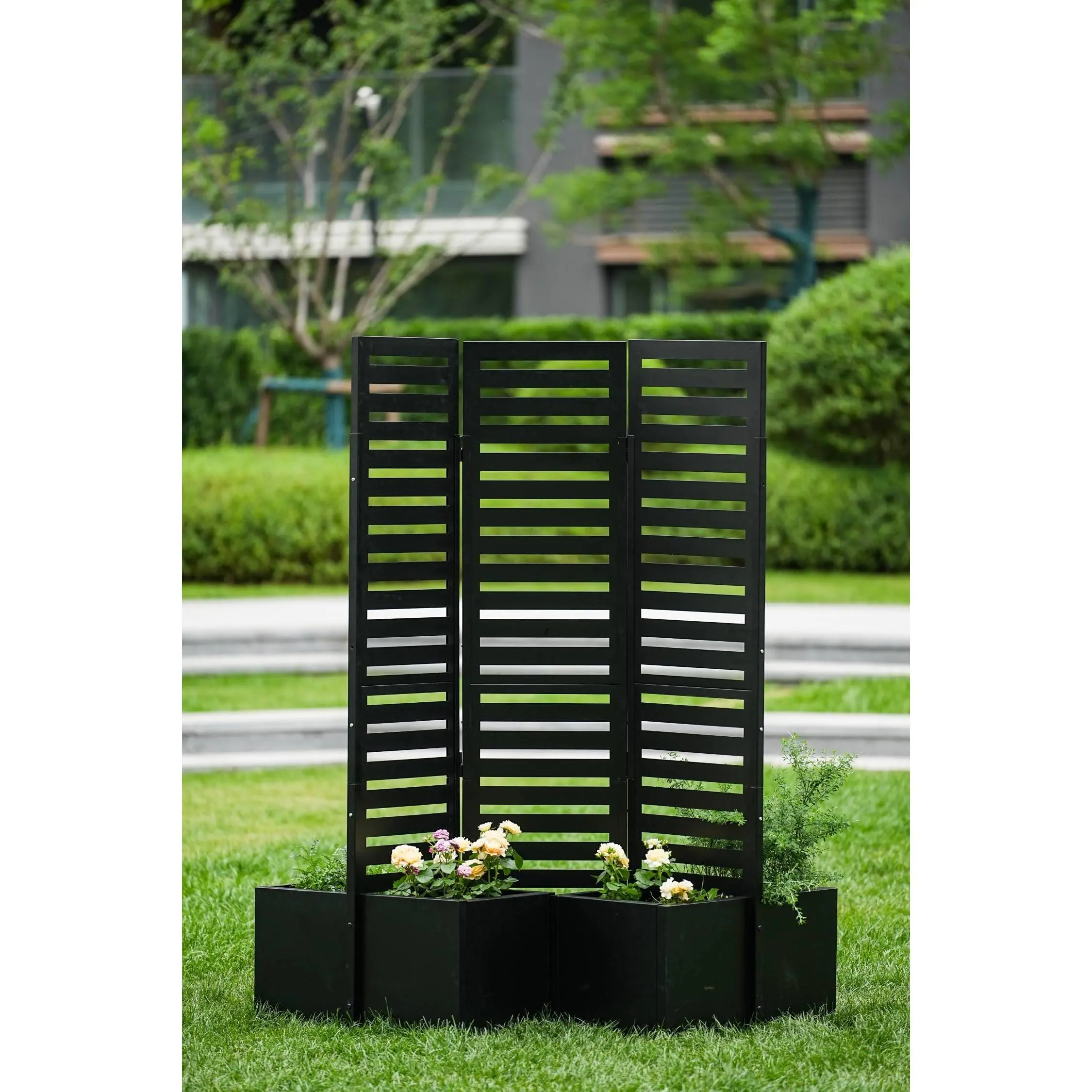 3 Panel Metal Privacy Screen with Built-in Planters, Freestanding Outdoor Garden Divider for Patio Deck Backyard, Weatherproof Slat Trellis, Black