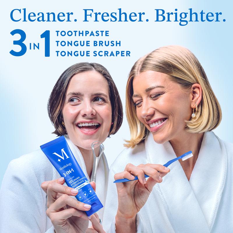Mouthology 10% Nano Hydroxyapatite Toothpaste & Tongue Cleaner Set – Whitening, Enamel Repair, Sensitive Teeth Relief, Fresh Peppermint Flavor, Ergonomic Tongue Brush & Tongue Scraper with Protective Cap for Bad Breath & Complete Oral Care