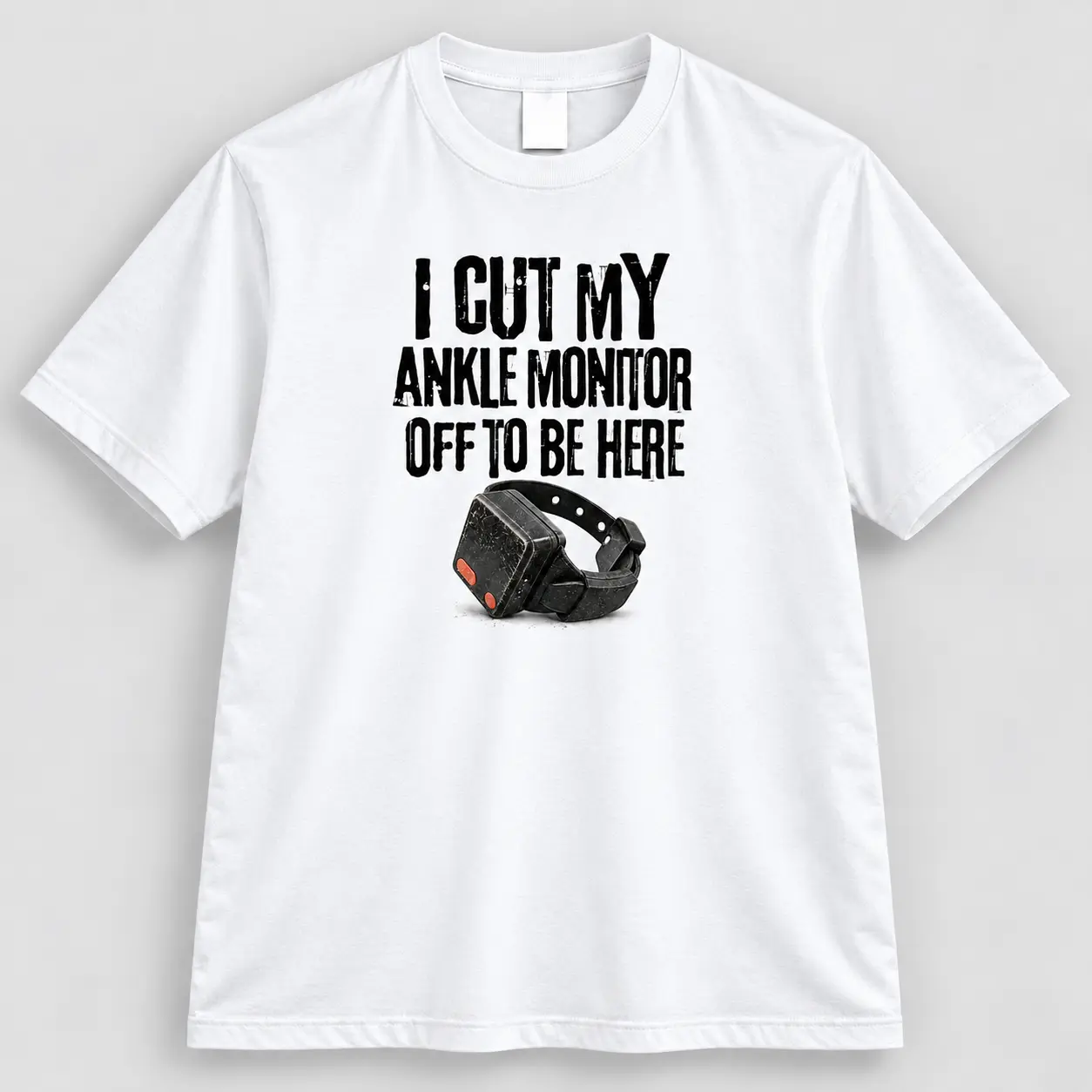 Men's Casual Distressed Ankle Monitor Joke T-Shirt - Menswear Short-Sleeve Round Neck Funny Jail Humor Graphic Statement Shirt