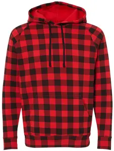 Red & Black Buffalo Check Plaid Sweatshirt, Slim Fit Raglan Pullover Lumberjack Hunters Outdoor Hoodie