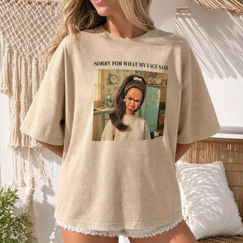 Retro Reaction Humor Graphic Tee for Women, Washed Cotton Oversized Sarcastic Shirt S-5XL