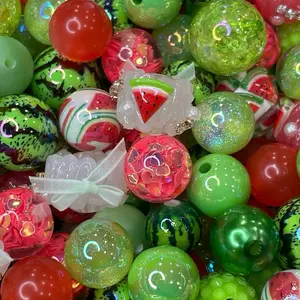 DIY Watermelon Themed Bead Mix for Pens Bracelets Jewelry & More - Frosted Cat Eye Crackle Hand Painted Holographic Lime Green Sparkle Colorful Crafting Accessories