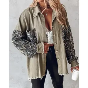 Youthful Woman Coat 2024 Spring/summer Latest Turn Down Collar Long Sleeve Contrast Sequin Raw Hem Shacket Colorblock Top Jacket Womenswear Outerwear outfit vintage denim Comfort Fitted Fashion Black Blouses Camouflage Casual Chic Elastic Elegant