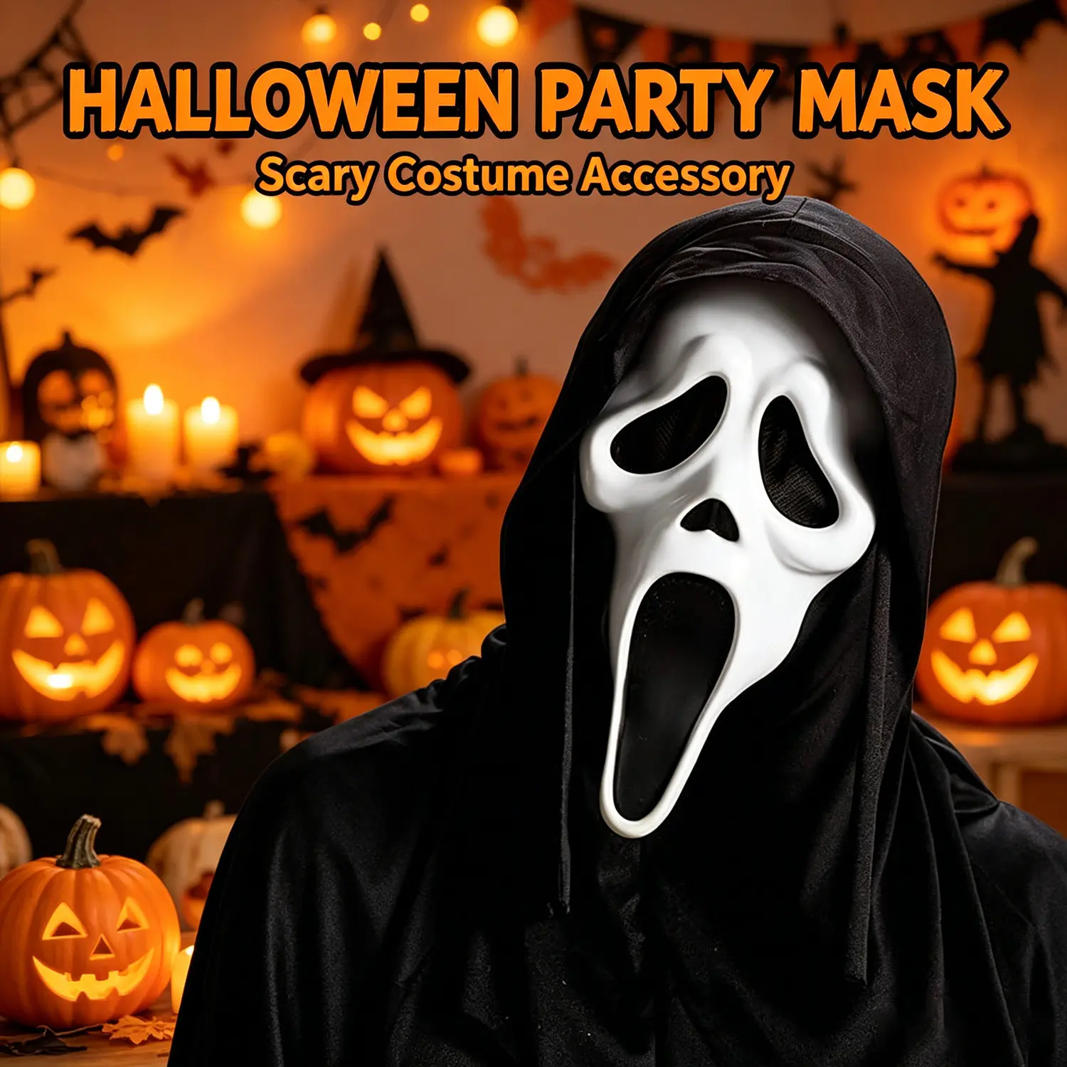 Adult Classic Scary Spooky GhostFace Horror Cosplay Mask, Halloween Full Head Costume Accessory with Black Shroud (No Knife, No Clothes) Mask Design, Accessories, Ghost Face Mask