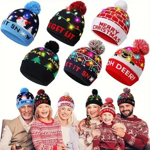 2-Pack Random Color Christmas LED Knitted Beanie Hat for Adults & Children Warm Autumn Winter Style with Pom-Pom Festive Beanie Set for All Ages