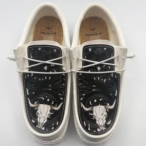 Double R Western Tooled Leather Shoes (All White - Black Floral Bull)