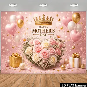 Summervibes 2D Mother's Day Themed Backdrop Banner, Pink Gradient Background with Central Golden Crown, Red Gemstones, Brown "HAPPY MOTHER's DAY" Text, Golden Light Spots and Ball,summervibes