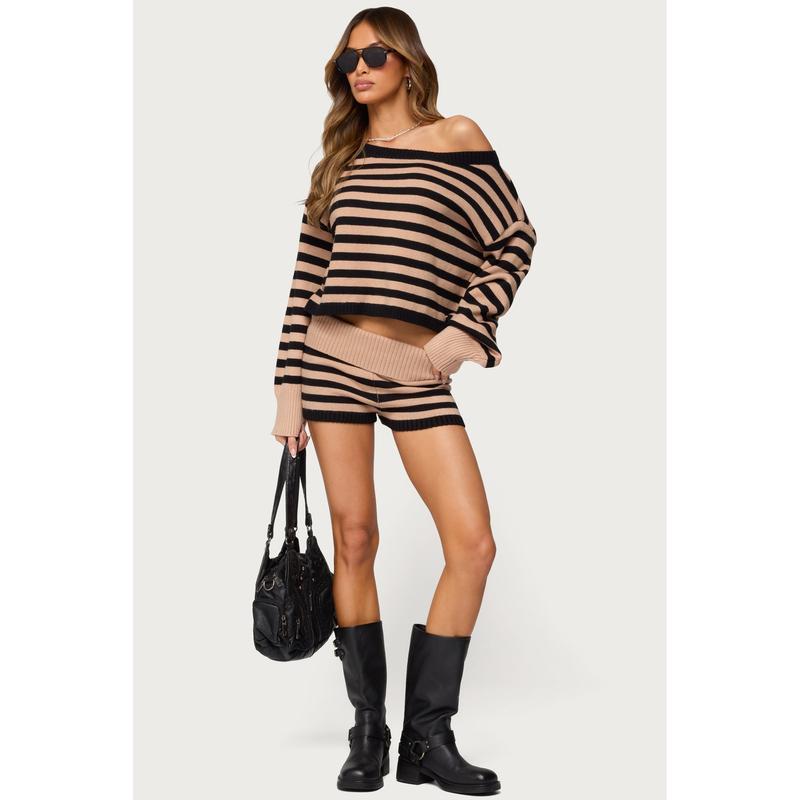 Saphi Striped Foldover Knit Shorts