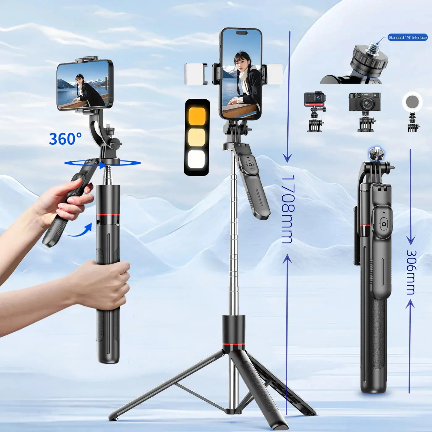 "F16 170cm Extendable Selfie Stick Tripod with Bluetooth Remote"