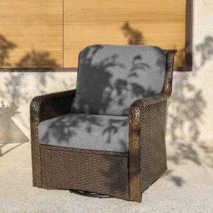 LITTLE TREE Outdoor Wicker Swivel Chair, Patio Rattan Rocking Chair with Thick Gray Cushions, 360 Degree Swivel Patio Chair for Deck, Backyard, Porch, Garden, Brown/Gray