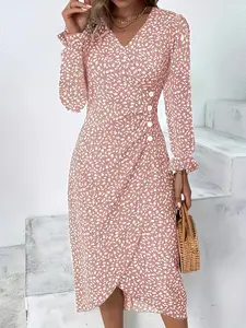 2026 Women's Dress, French Ditsy Floral V Neck, Fitted Waist Slimming Midi Dress, Long Sleeve Ruffle Hem, Spring Summer Casual Office Date Dress, Feminine, Casual Wear
