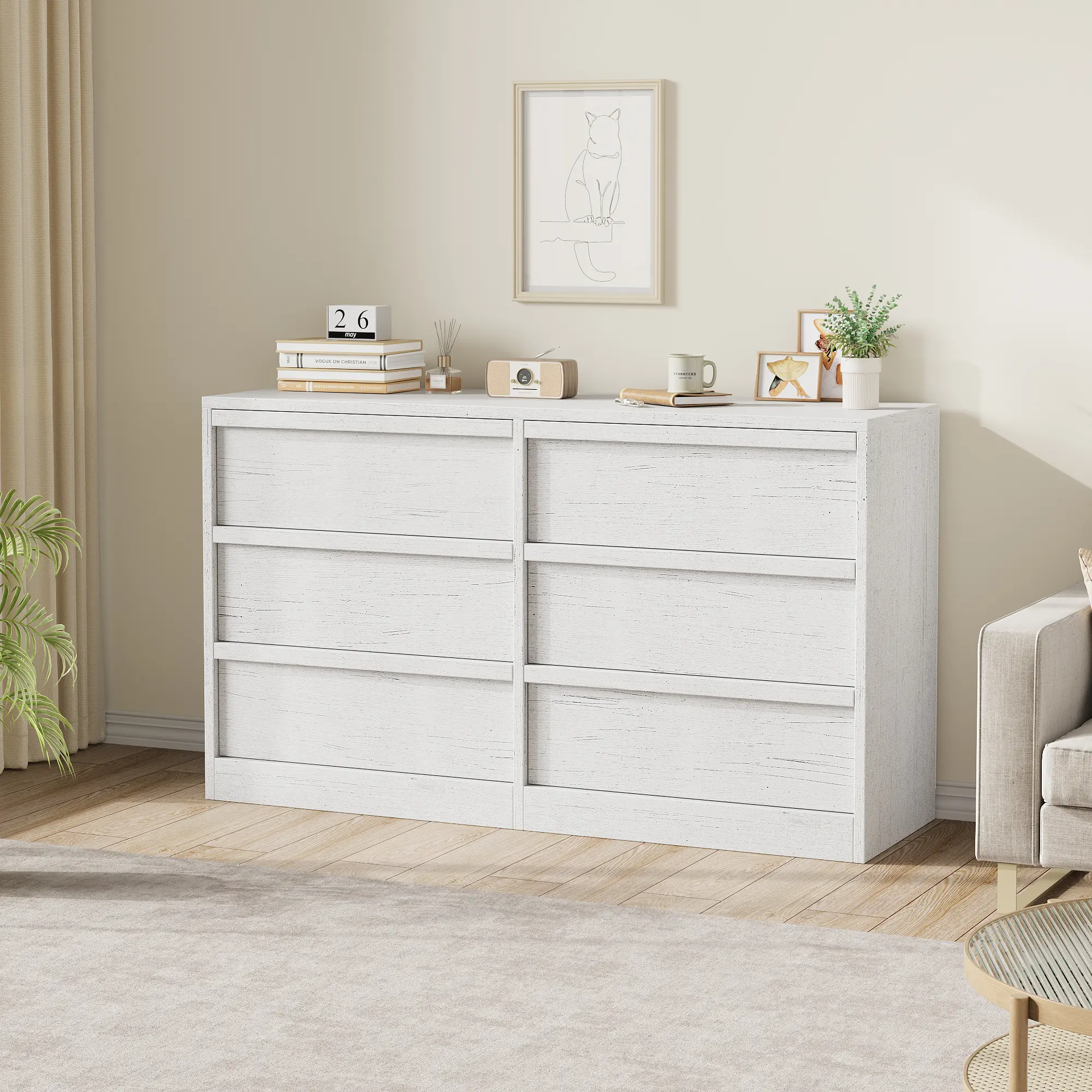54 Inch Wide White Double Dresser, Modern 8-Drawer Wooden Chest with Recessed Concave Handles, Safe Anti-Tip Design for Bedroom, Nursery, Hallway Daily Storage